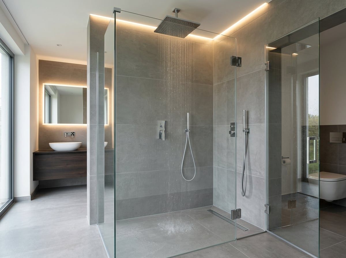 Moderne rahmenlose Walk-in-Dusche mit Regenduschkopf